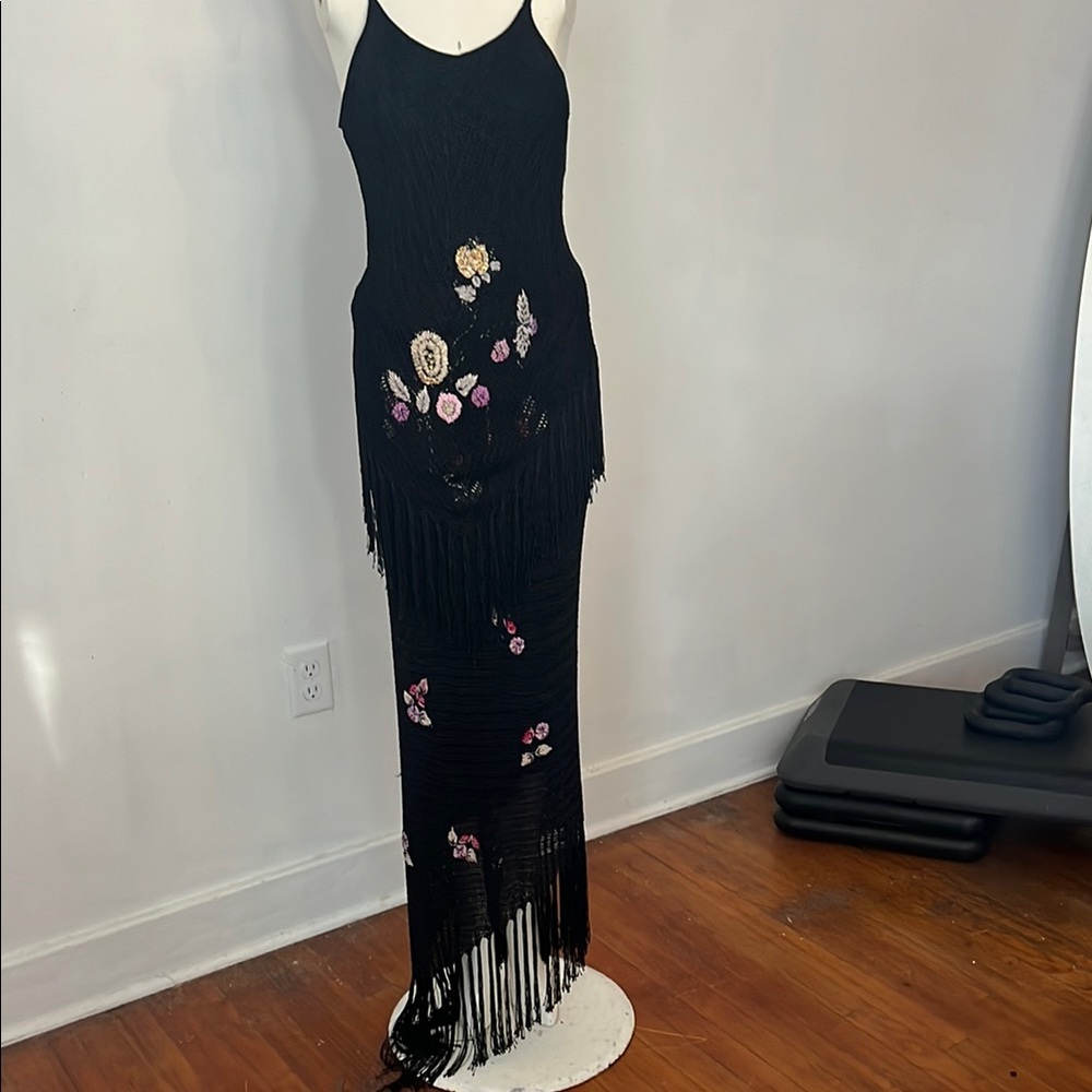 90s Vintage Elegant Black Floral Fringe Dress